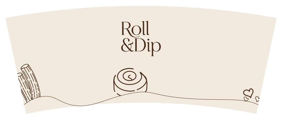 Original cup sleeve artwork with Roll and Dip logo and food illustrations